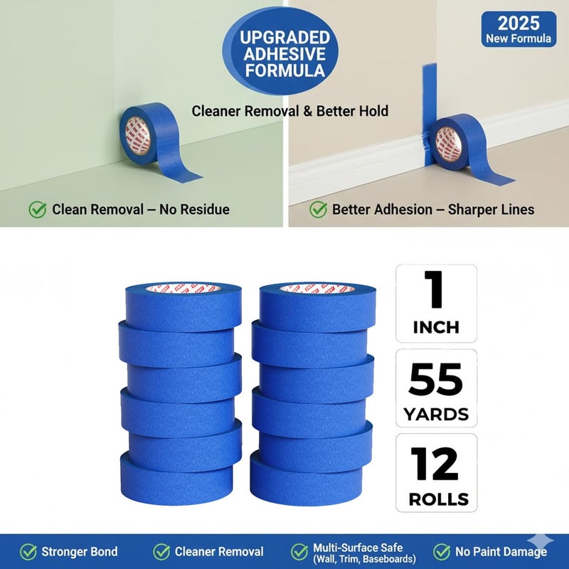 SWRT Blue Painters Tape 1 Inch x 55 Yards, 12 Rolls (660 Yards) – Sharp Clean Paint Lines, No-Residue Painters Tape for Walls, Trim & Baseboards, Easy Removal Masking Tape for Home Projects - Image 2